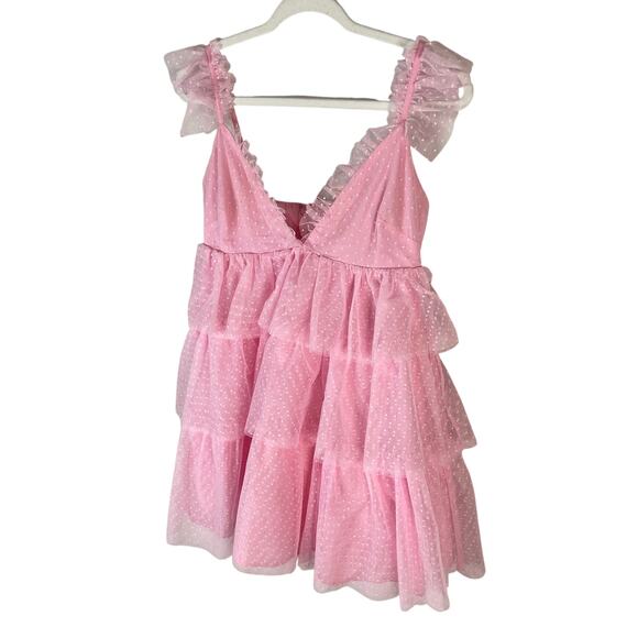 More To Come Arabela Ruffle Tulle Mini Dress Tiered Ruffle Boho Fairy Pink Small - Picture 5 of 12